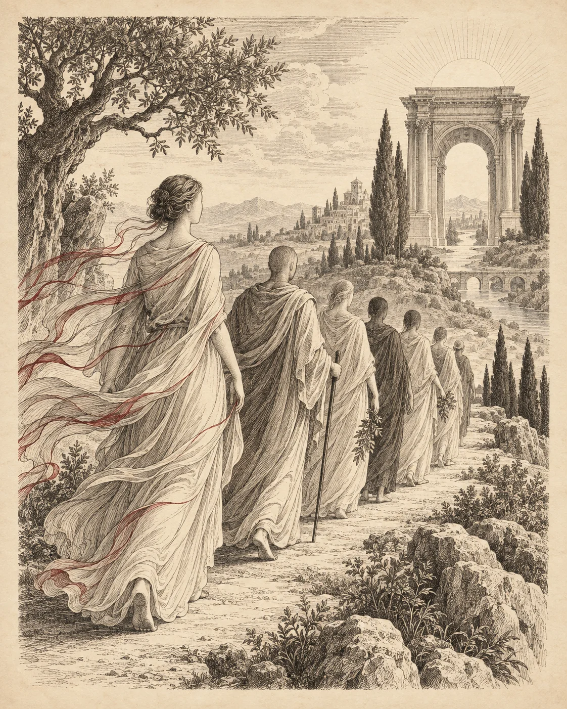 Figures emerge from drifting ink lines toward a distant archway.