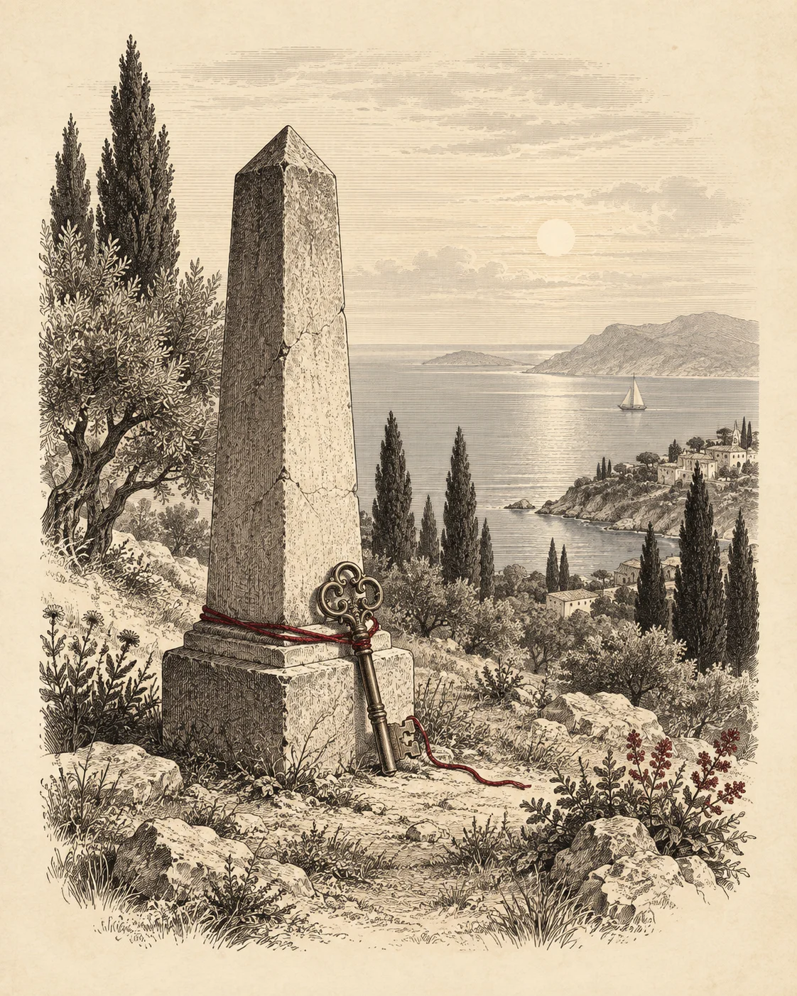 An ornate key rests at the base of a stone marker overlooking the sea.